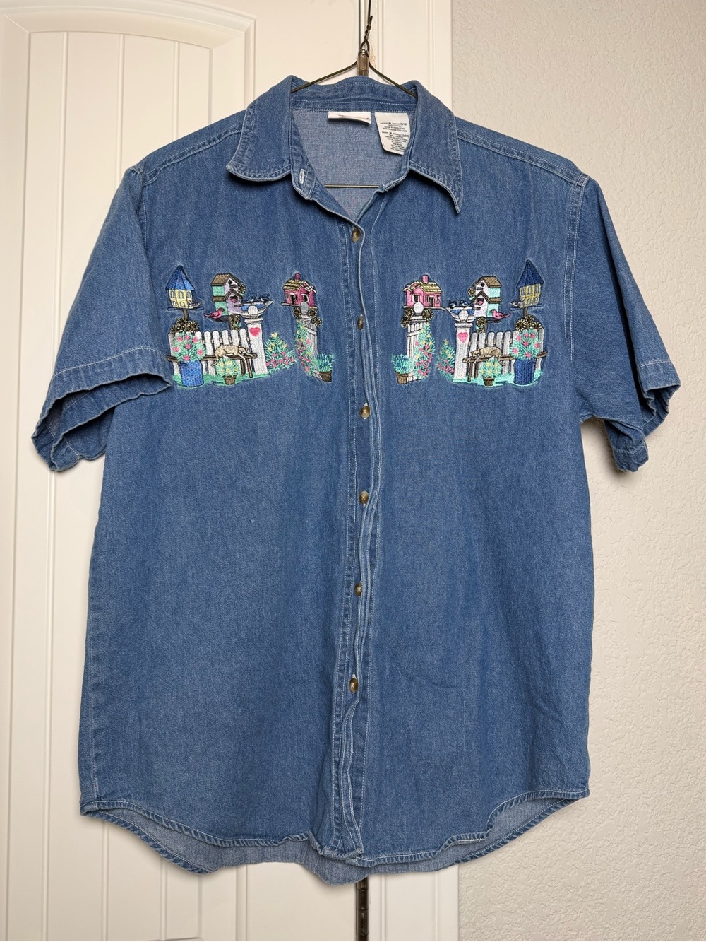 Bobbie Brooks Blue Denim Button-Down Shirt with Embroidered House Motifs